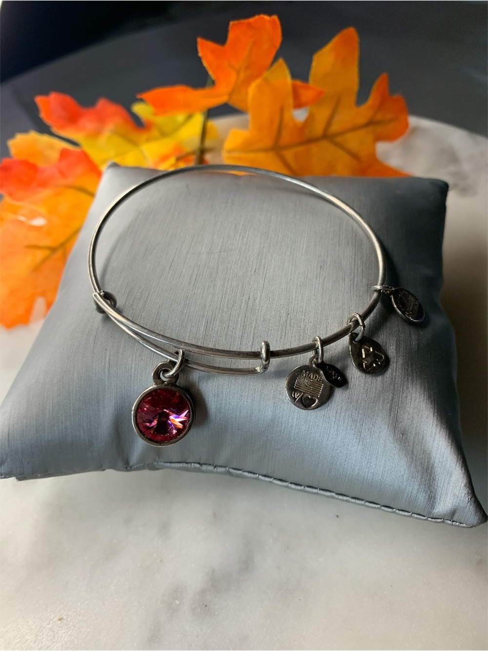 Alex and Ani Silver Bangle with Hot Pink Crystal Charm